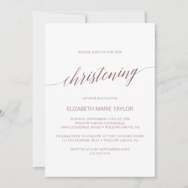 Elegante Rose Gold Calligraphy Christening Einladung (Vorderseite)
