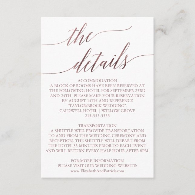Elegante Rose Gold Calligraphy Details Beipackkart Begleitkarte (Vorderseite)