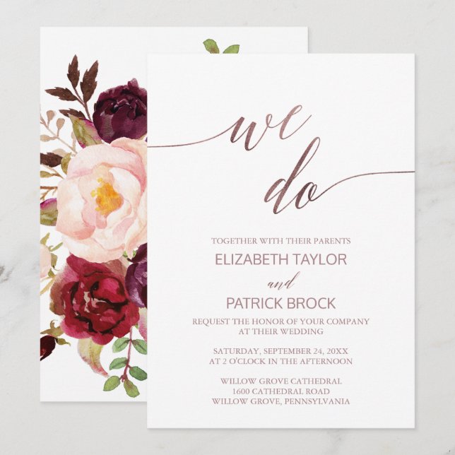 Elegante Rose Gold Calligraphy Floral We Do Weddin Einladung (Vorne/Hinten)