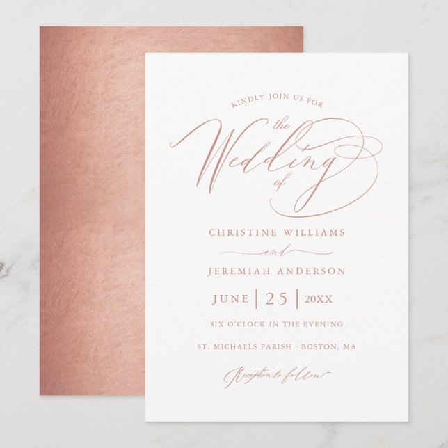 Elegante Rose Gold Calligraphy Metallic Wedding Einladung (Vorne/Hinten)