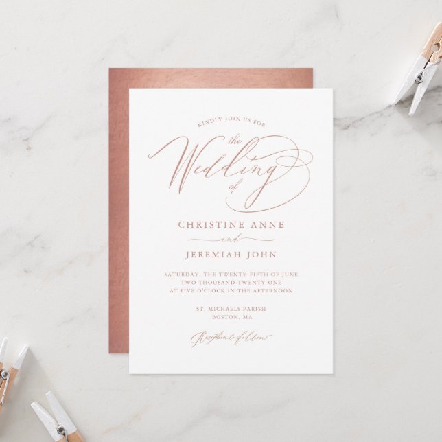 Elegante Rose Gold Calligraphy Metallic Wedding Einladung (Vorderseite/Rückseite Beispiel)