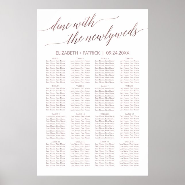 Elegante Rose Gold Calligraphy Seating Chart Poster (Vorne)