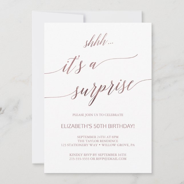 Elegante Rose Gold Calligraphy Überraschendes Part Einladung (Vorderseite)