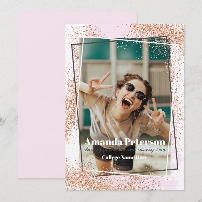 Elegante Rose Gold Confetti Abschluss Ankündigung (Vorne/Hinten)