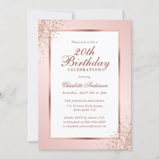 Elegante Rose Gold Confetti Rosa 20. Geburtstag Einladung