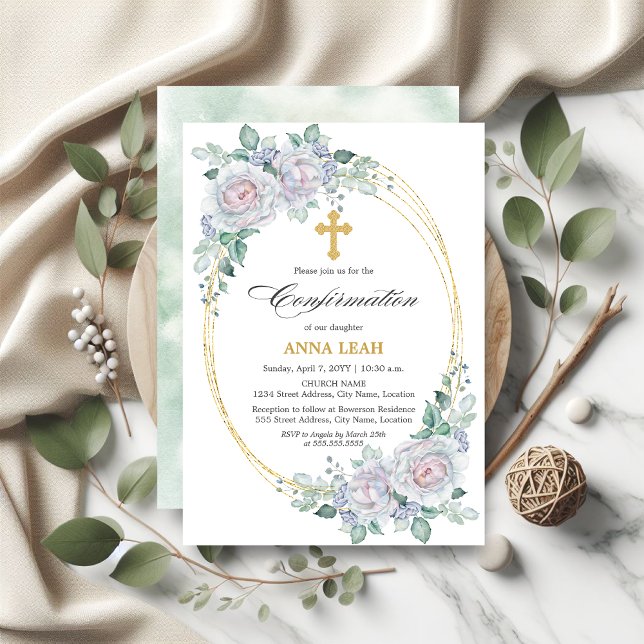 Elegante Rose Gold Cross Bestätigung Einladung (Elegant Floral Rose Gold Cross Confirmation Invite front and back view.)