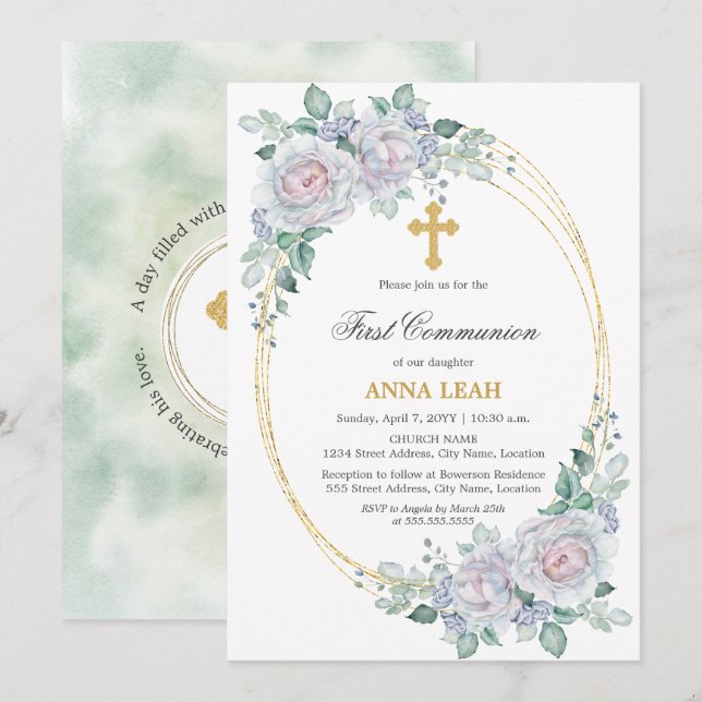 Elegante Rose Gold Cross Erste Kommune Einladung (Vorne/Hinten)