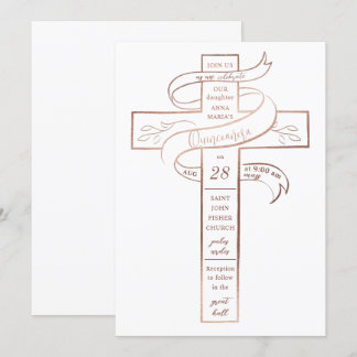 Elegante Rose Gold Cross Ribbon Quinceñera Einladung