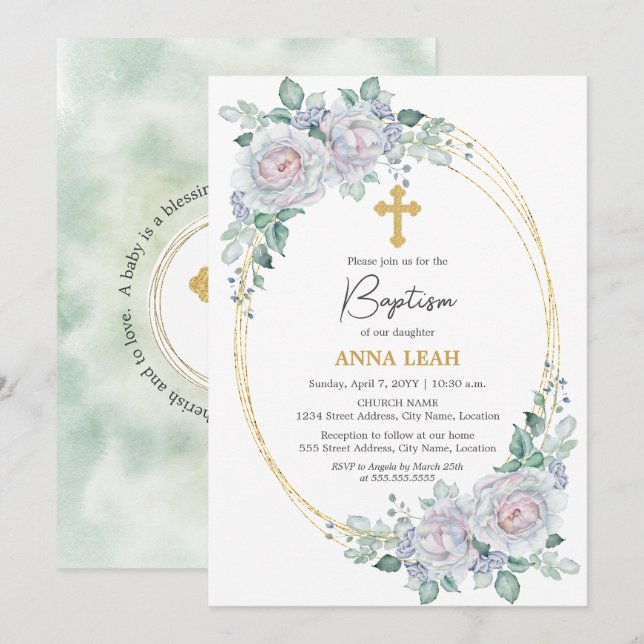 Elegante Rose Gold Cross Taufen Einladung (Vorne/Hinten)
