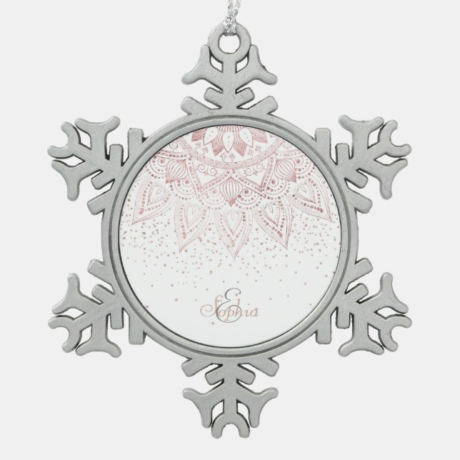 Elegante Rose Gold Dots Mandala Schneeflocken Zinn-Ornament (Vorderseite)