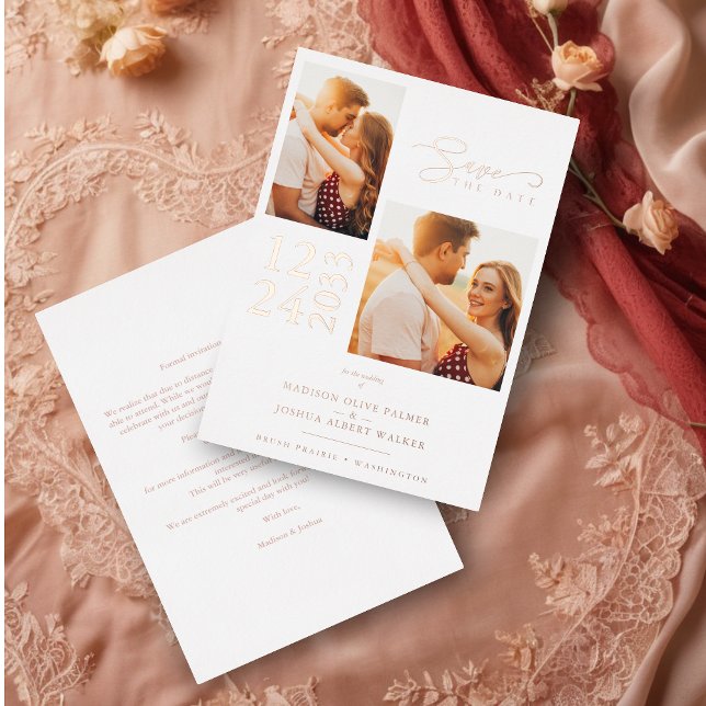 Elegante Rose Gold Effekt 2 Fotos Chic Wedding Folieneinladung (Elegant Rose Gold Effect 2 Photos Sophisticated Wedding Real Metallic Foil Save the date card.)
