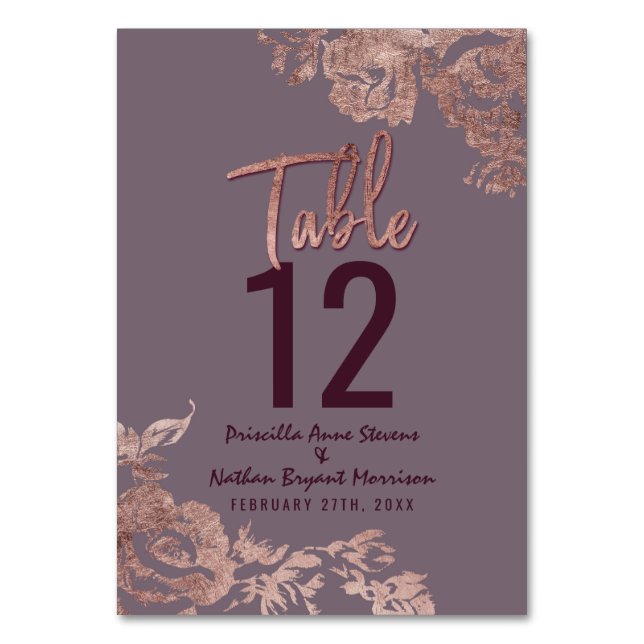 Elegante Rose Gold Floral Lila Mauve Tischnummer (Vorderseite)