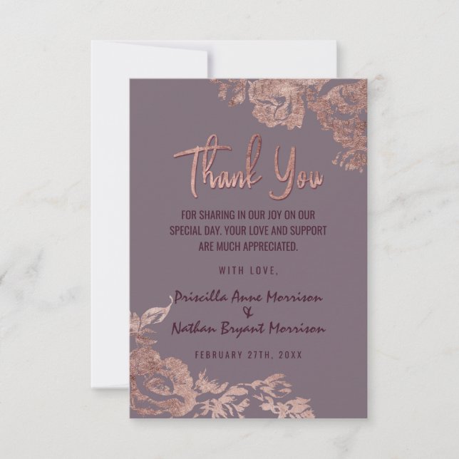 Elegante Rose Gold Floral Lila Mauve Vielen Dank Dankeskarte (Vorderseite)