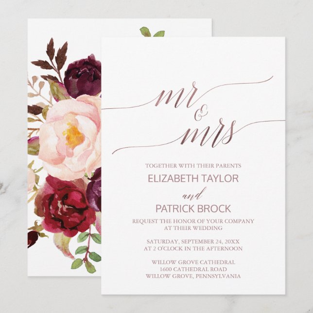 Elegante Rose Gold Floral Mr & Mrs. Wedding Einladung (Vorne/Hinten)
