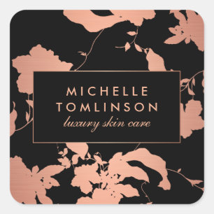 Elegante Rose Gold Floral Pattern Schwarz Quadratischer Aufkleber