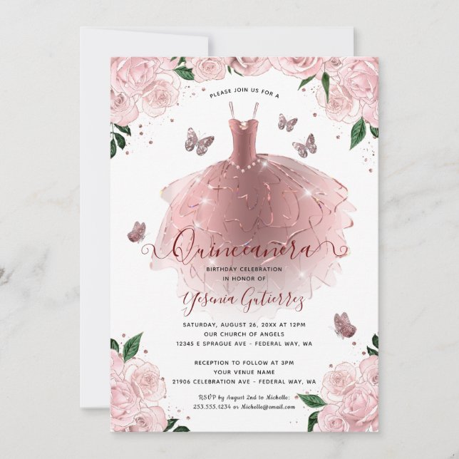 Elegante Rose Gold FloralQuinceñera Kleid Einladung (Vorderseite)