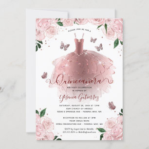 Elegante Rose Gold FloralQuinceñera Kleid Einladung
