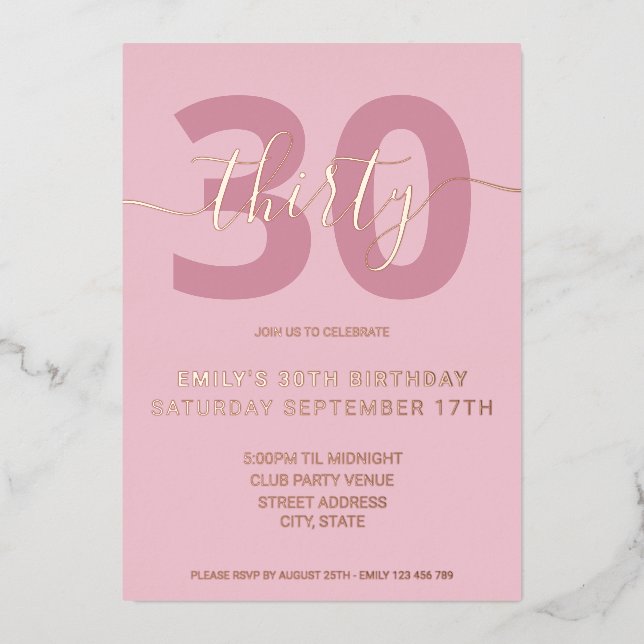 Elegante Rose Gold Foil 30. Geburtstag Einladung (Vorderseite)