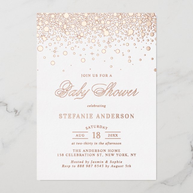 Elegante Rose Gold Foil Confetti Dots Baby Dusche Folieneinladung (Vorderseite)