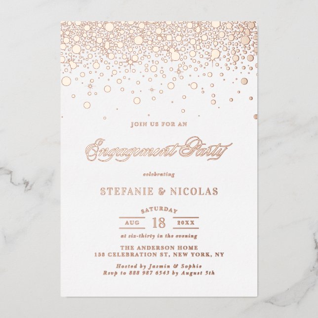 Elegante Rose Gold Foil Confetti Engagement Party Folieneinladung (Vorderseite)
