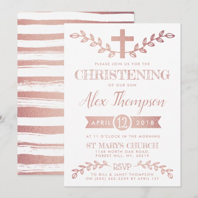 Elegante Rose Gold Foil Cross & Foliage Christenin Einladung (Vorne/Hinten)