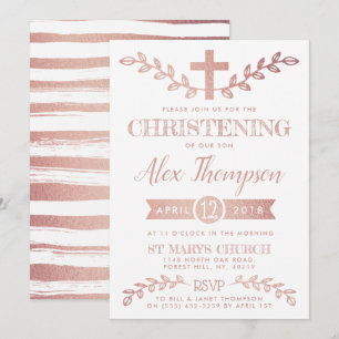 Elegante Rose Gold Foil Cross & Foliage Christenin Einladung