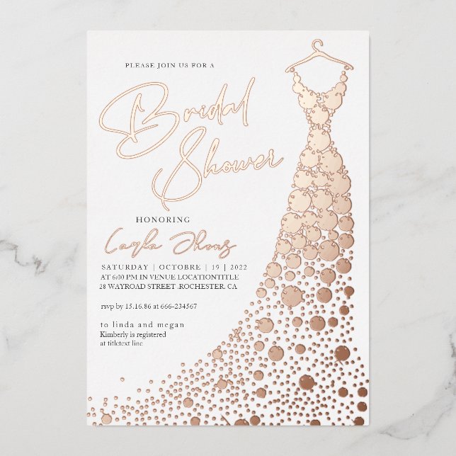 Elegante Rose Gold Foil Kleid Modernes Brautparty Folieneinladung (Vorderseite)