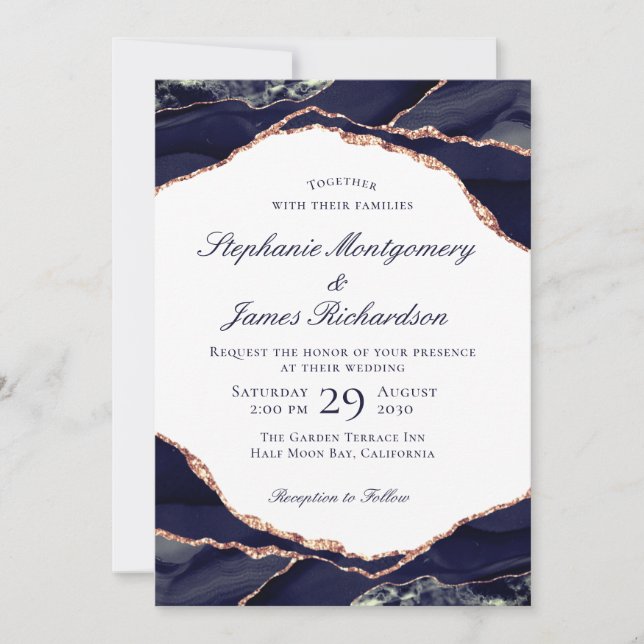 Elegante Rose Gold Foil Navy Blue Agate Hochzeit Einladung (Vorderseite)
