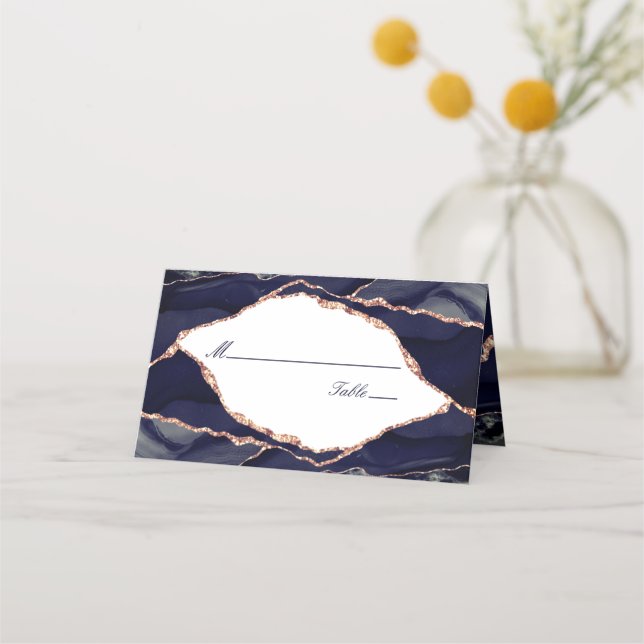 Elegante Rose Gold Foil Navy Blue Agate Hochzeit Platzkarte (Vorderseite)