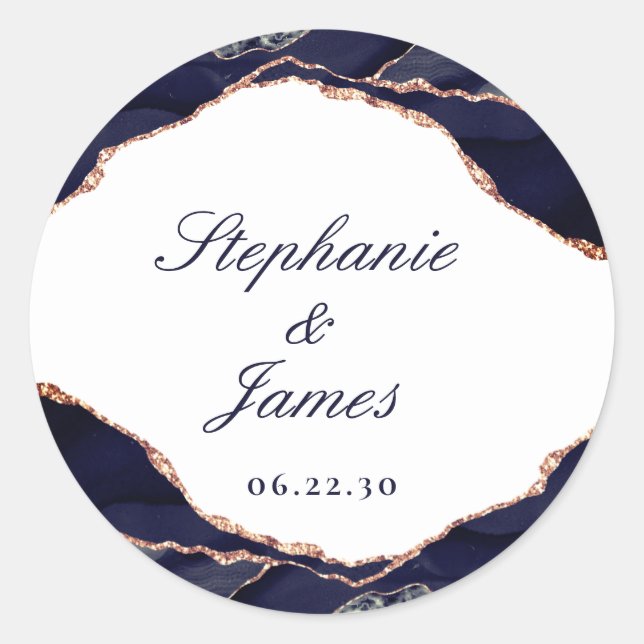 Elegante Rose Gold Foil Navy Blue Agate Hochzeit Runder Aufkleber (Vorderseite)