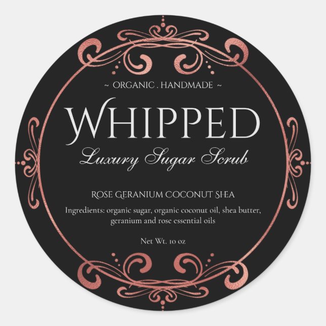 Elegante Rose Gold Foil Swirl Luxuriöses Schwarzes Runder Aufkleber (Vorderseite)
