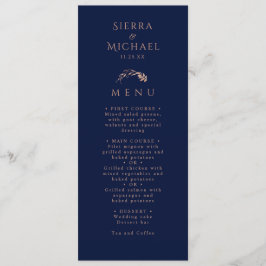 Elegante Rose Gold Foliage Navy Blue Wedding Menükarte