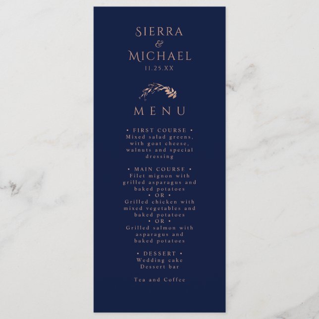 Elegante Rose Gold Foliage Navy Blue Wedding Menükarte (Vorderseite)