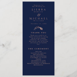 Elegante Rose Gold Foliage Navy Blue Wedding Programm