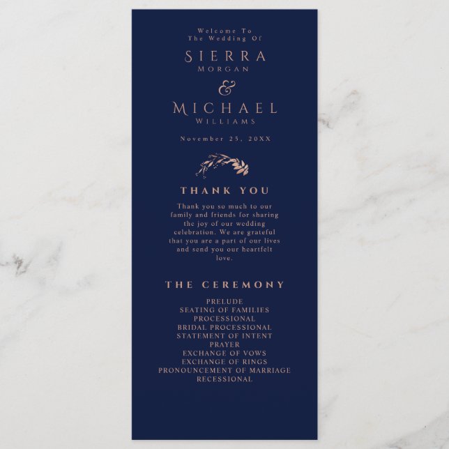 Elegante Rose Gold Foliage Navy Blue Wedding Programm (Vorderseite)