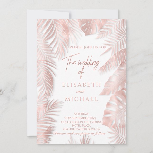 Elegante Rose Gold-Folie tropische Blätter romanti Einladung (Vorderseite)