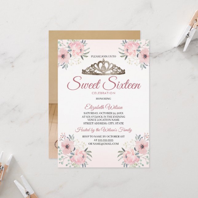 Elegante Rose Gold Foto Sweet 16 Einladung (Vorderseite/Rückseite Beispiel)