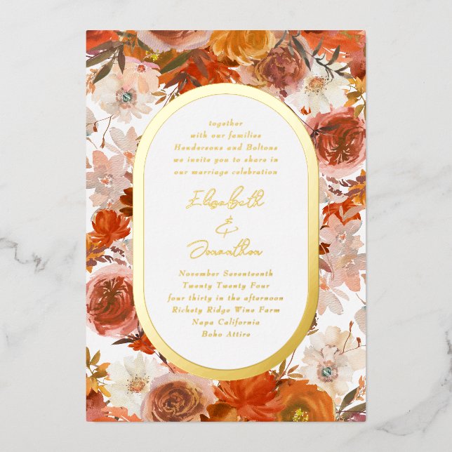 Elegante Rose Gold Frame Floral Überfluss Hochzeit Folieneinladung (Vorderseite)