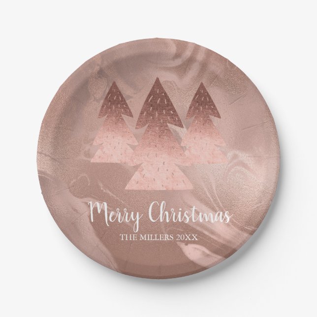 Elegante Rose Gold Frohe Weihnachtsbaummarmor Pappteller (Vorderseite)
