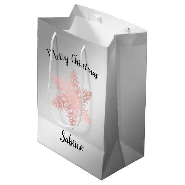 Elegante Rose Gold Frohe Weihnachtsschneeflocke Mittlere Geschenktüte (Vorderseite Schrägansicht)
