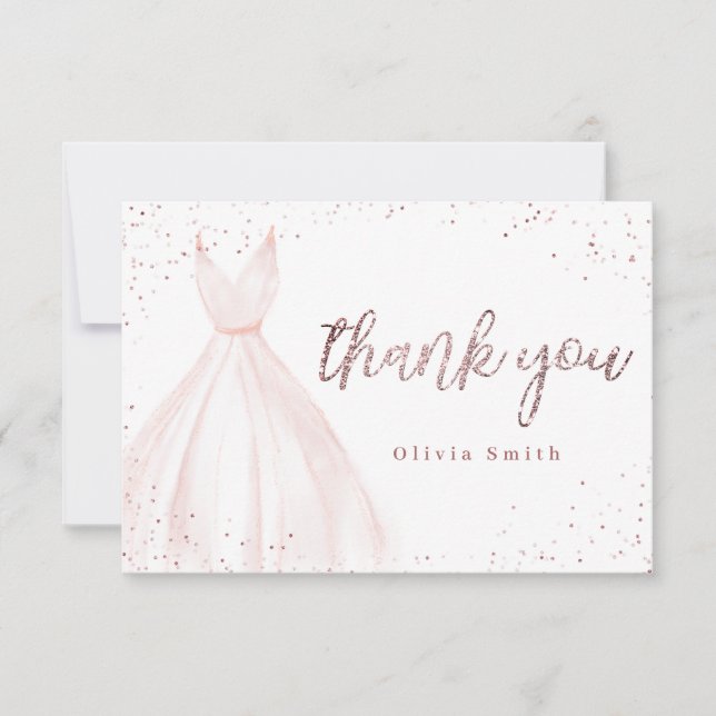 Elegante Rose Gold funkeln rosa Kleid quinceañera  Dankeskarte (Vorderseite)