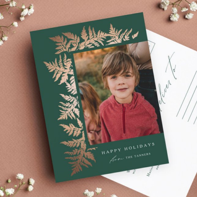 Elegante Rose Gold Garland Foto Weihnachten (Elegant rose gold garland green photo holiday postcard.)