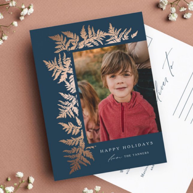 Elegante Rose Gold Garland Foto Weihnachten (Elegant rose gold garland navy blue photo holiday postcard.)