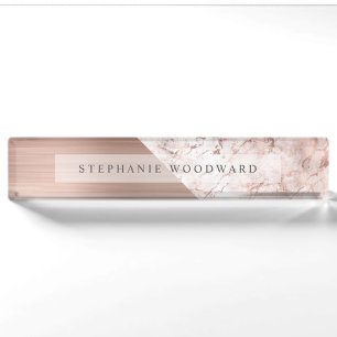 Elegante Rose Gold gebürstetes Metall Rosa Marmor Namensplakette