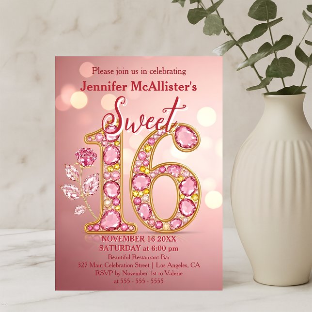 Elegante Rose Gold Gemstone Sweet 16 Geburtstag Einladung (Von Creator hochgeladen)