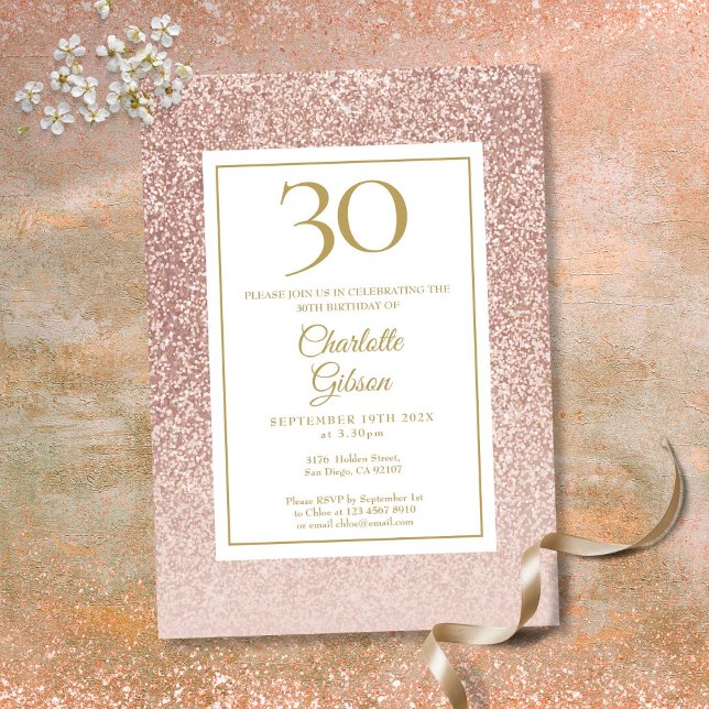 Elegante Rose Gold Glitzer 30. Geburtstag Einladung (Elegant Rose Gold Glitter 30th Birthday Invitation)
