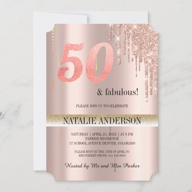 Elegante Rose Gold Glitzer 50. Geburtstag in Einladung (Vorderseite)