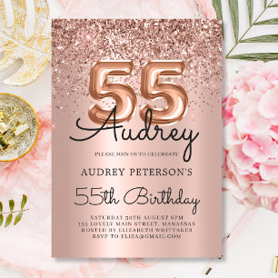 Elegante Rose Gold Glitzer Ballon 55. Geburtstag Einladung