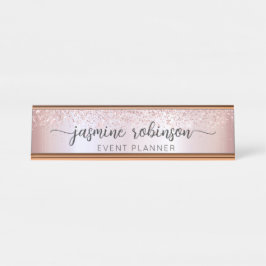 Elegante Rose Gold Glitzer Beruflich Monogram Schreibtischnamensplakette