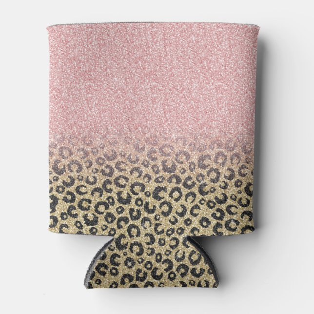 Elegante Rose Gold Glitzer Black Leopard Print Dosenkühler (Vorderseite)